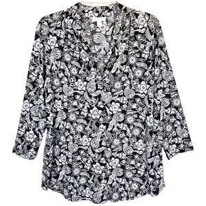 Charter Club Womens XL Floral Knit Top 3/4 Sleeve V-Neck Black White NWT